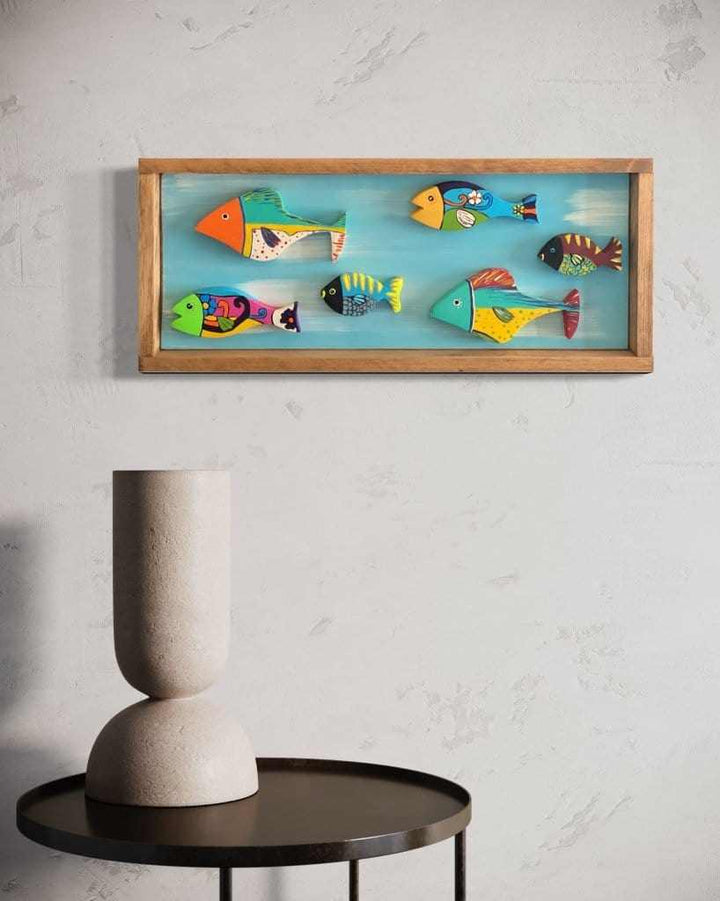 Atlantic Wood N Wares Home Decor>Wall Decor >Decor >Wall Hangings 10.5 inches x 25.5 inches 6 fish Handmade Framed Folk Art Fish - Colorful and Durable Wall Art Fishart001