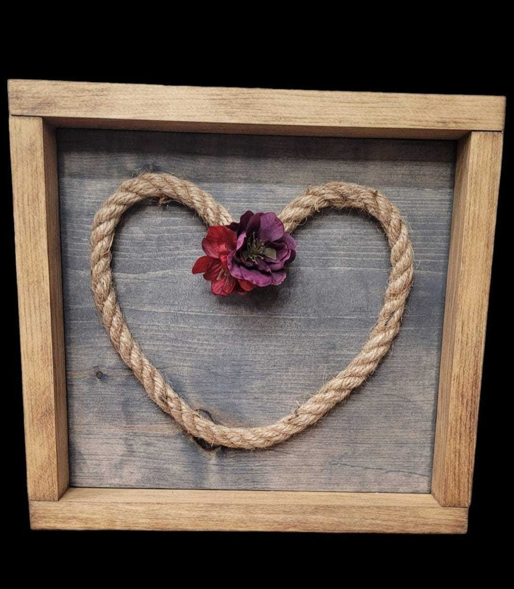 Handcrafted rustic love heart wall art with flower accents by Atlantic Wood N Wares.