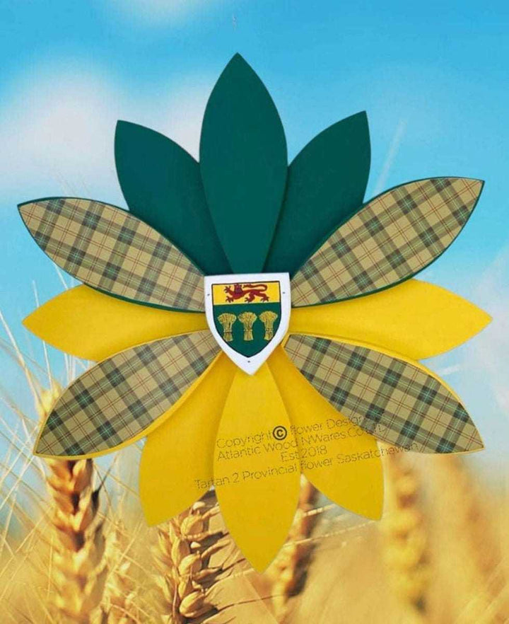 Handcrafted wooden flower art with tartan vinyl petals, provincial pride decoration.
