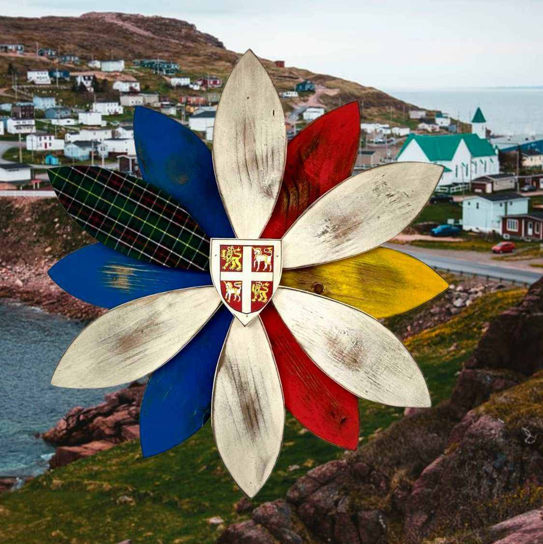 Handcrafted wooden flower art with tartan petal stickers, suitable for indoor and outdoor embellishment, showcasing provincial pride.