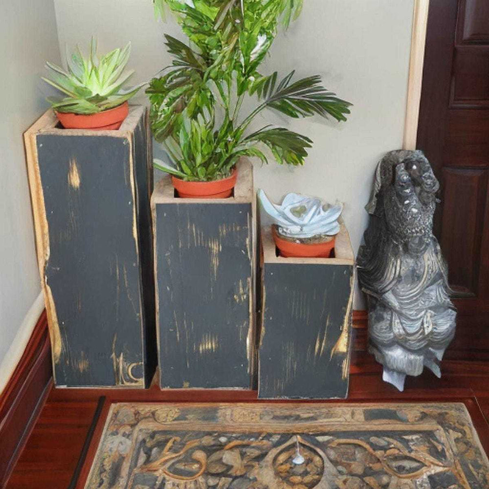 Wooden planter succulent holder set of three with rustic design and various small plants displayed indoors.