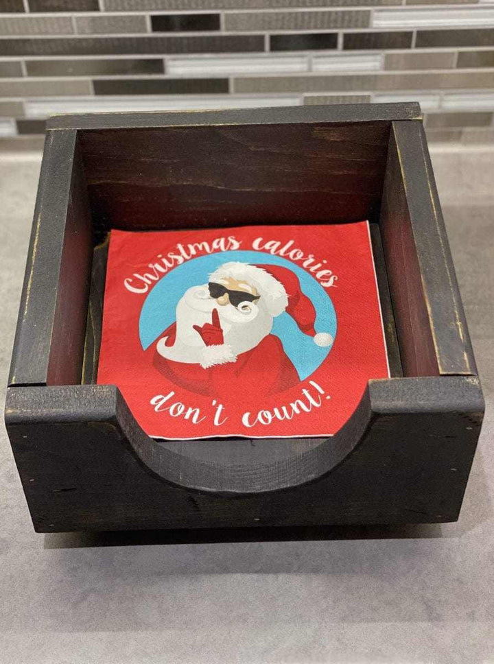 Rustic Canadian made antiqued wooden napkin holder with festive Santa design napkins