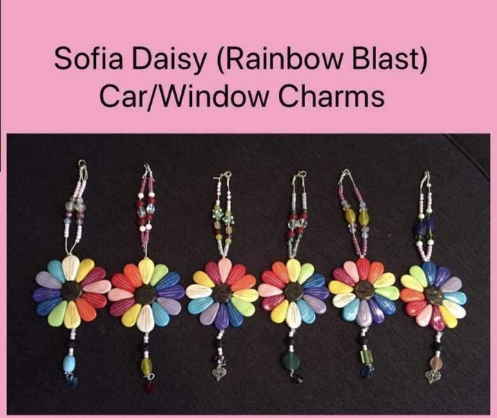 Sofia Daisy Rainbow Blast Charms supporting IWK Foundation with polymer clay petals and glass beads.