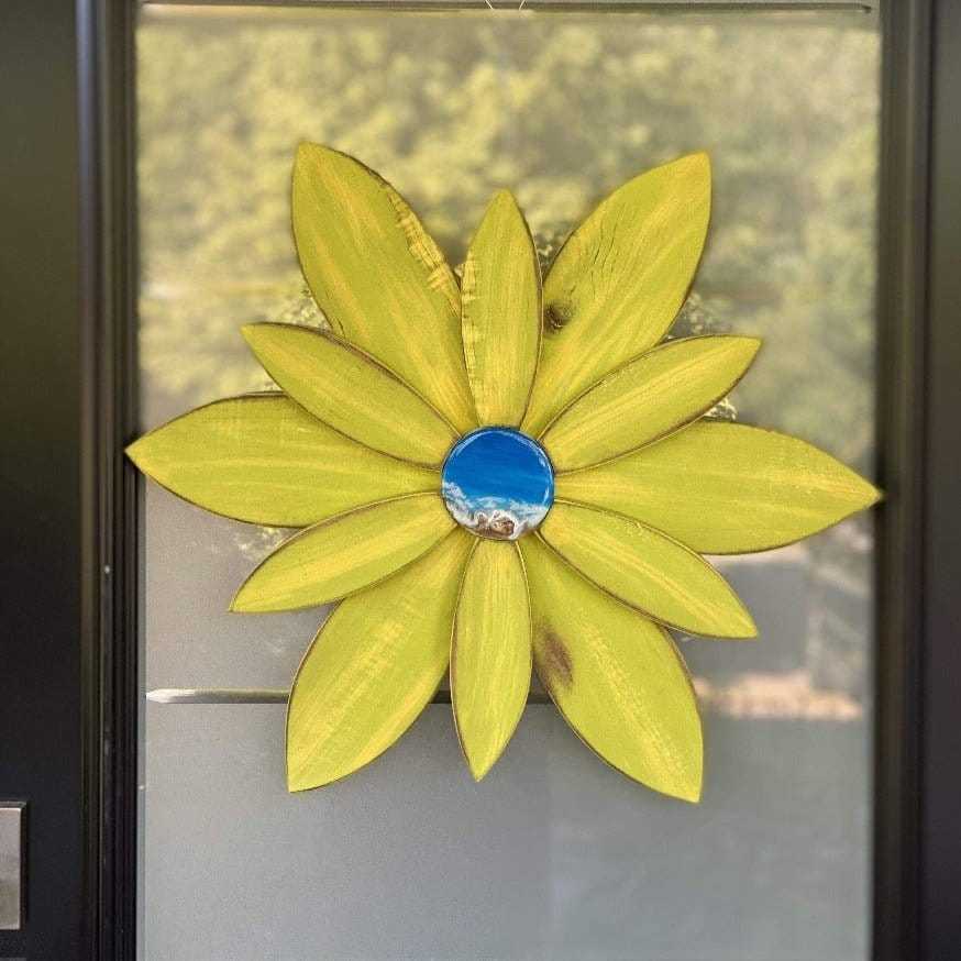 Unique resin center flower for doors, pine wood, 22x22 inches, ocean theme, handcrafted in Nova Scotia.