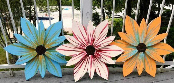 Atlantic Wood N Wares Home & Garden>Home Décor>Wall Decor>Wall Hangings 22x22 inch Light Blue, Candy Stripe>Light Orange Handcrafted Wooden Flower Trio Package | Unique Home Decor Trio2201