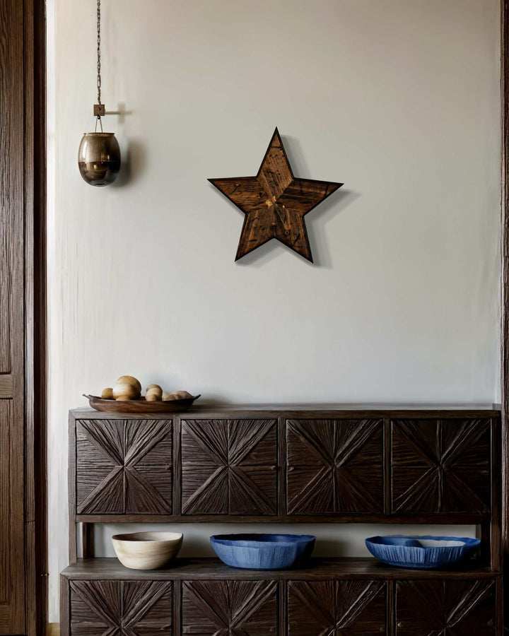 Handcrafted antique wooden star wall decor from Nova Scotia, rustic home accent.