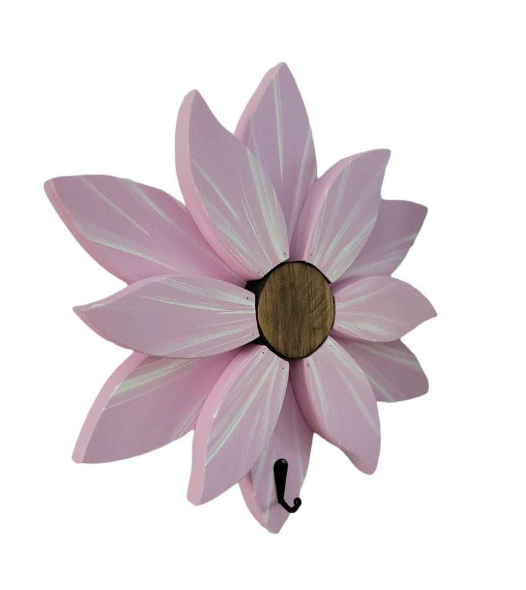 Pink handcrafted flower wall decoration with painted pine petals.