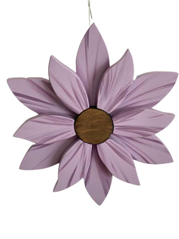 Elegant wooden flower art piece with lavender petals and stained wood center, handcrafted for home decor.