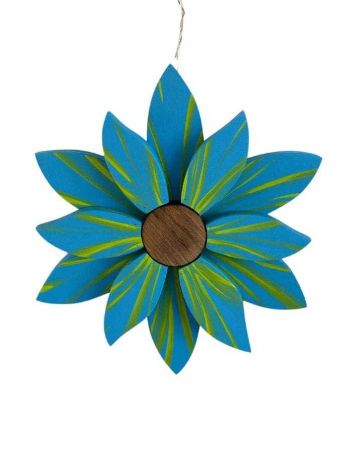 Elegant blue wooden flower art piece with green accents and a stained wooden center for home decor.