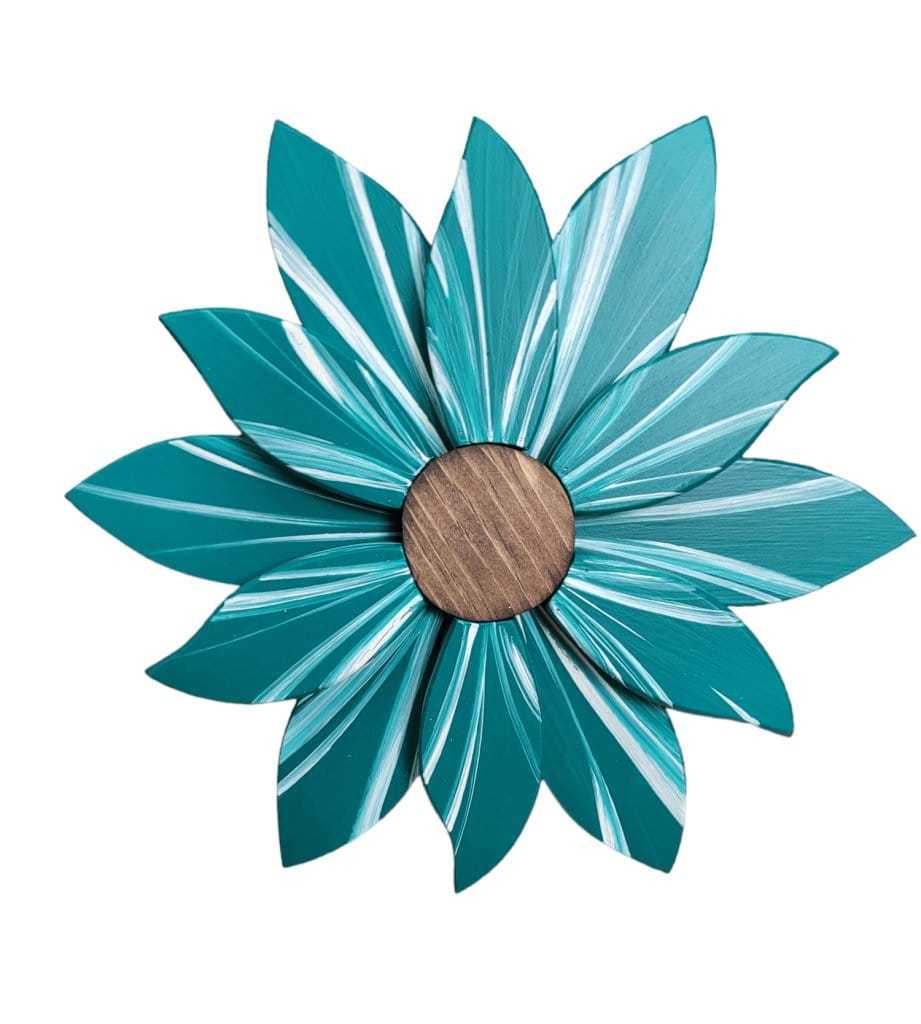 Elegant wooden flower art piece with vibrant teal petals and stained wooden center.