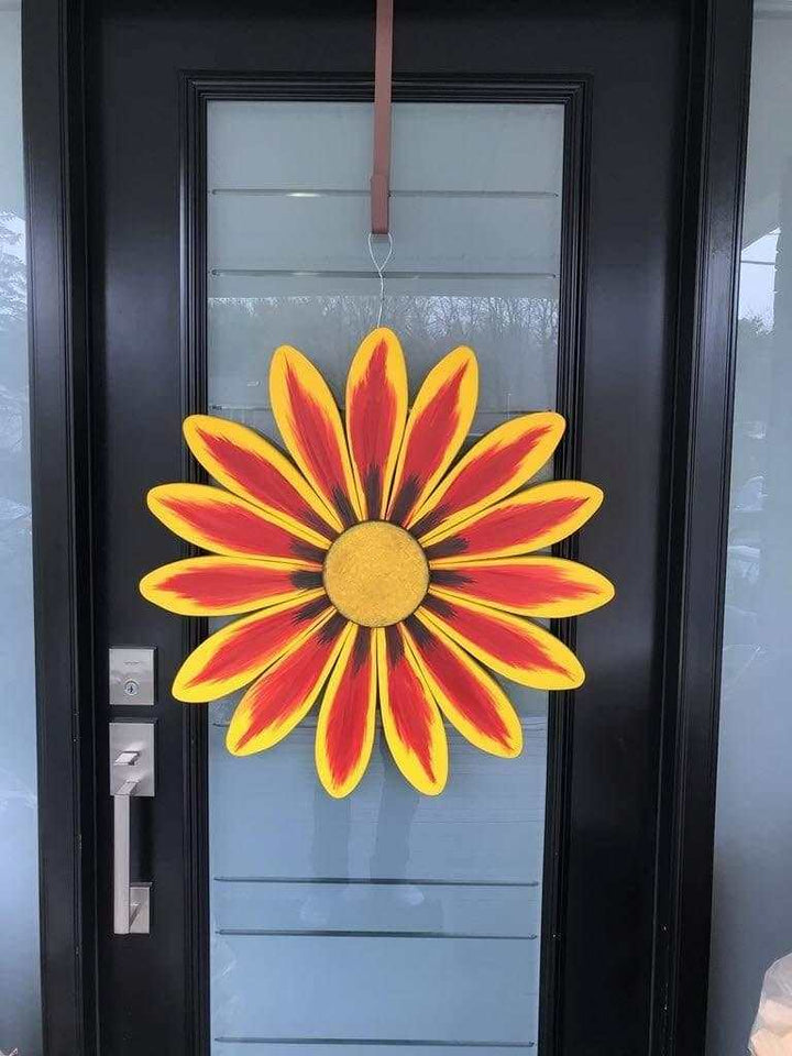 Handcrafted African Daisy Wooden Flower Art hanging on door, 28.5-inch, vibrant hand-painted petals.