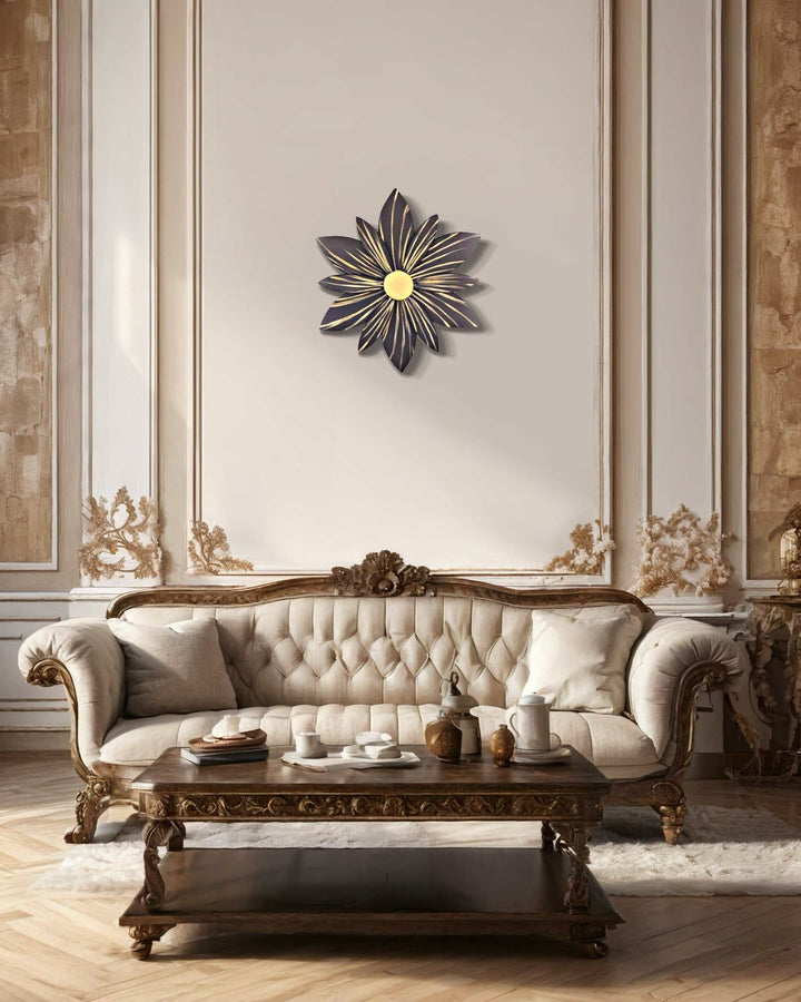 Handcrafted wooden flower door decoration with black and gold accents in elegant living room.