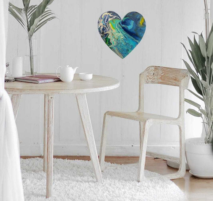Handcrafted artisan wooden hearts wall art decor in a bright room.