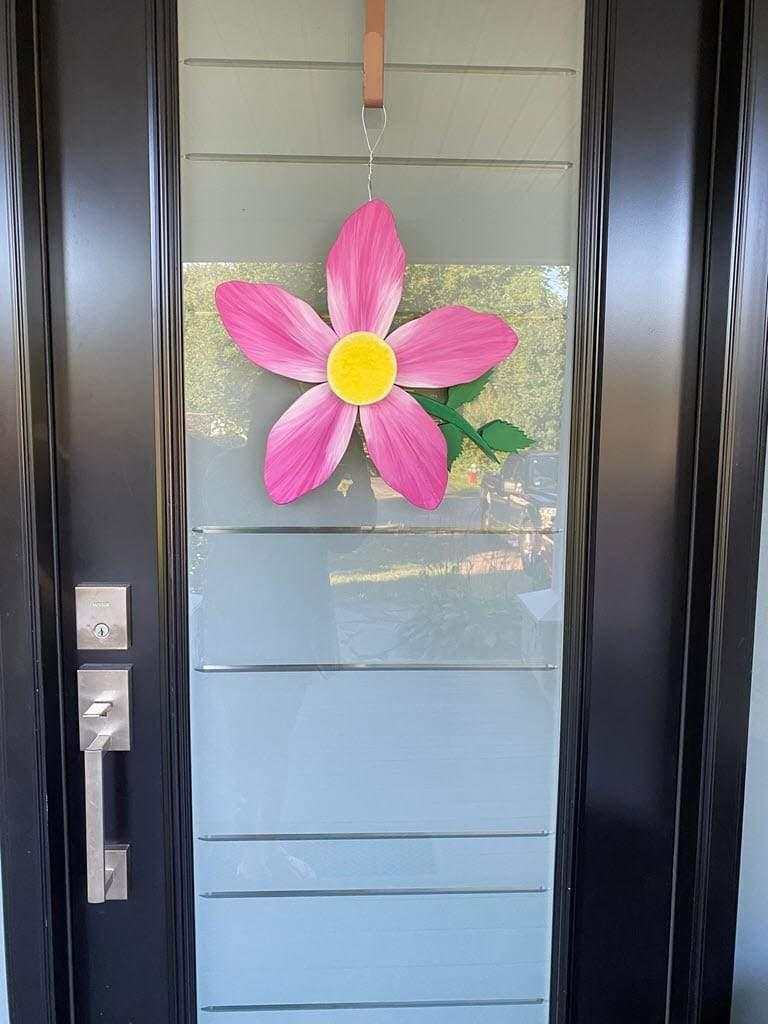 Alberta Wild Rose wooden flower door decoration, handcrafted and painted for vibrant flair, suitable for indoor and outdoor use.