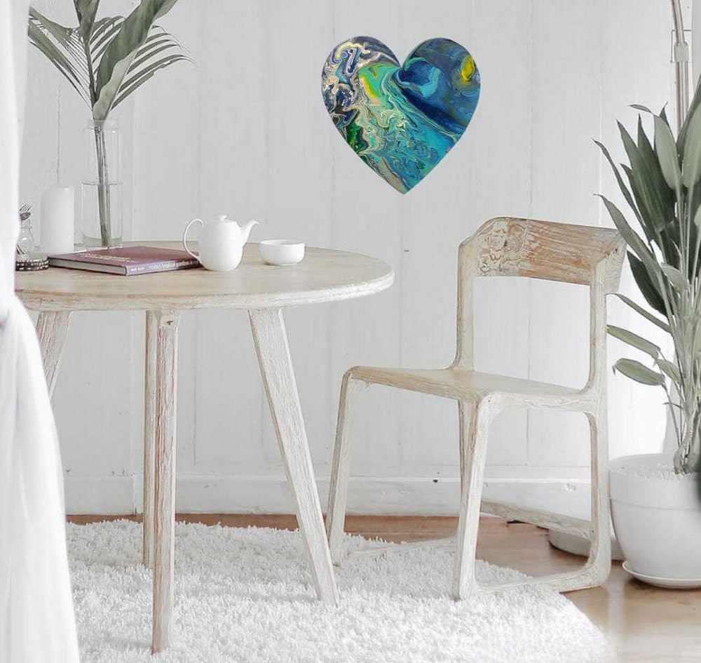 Handcrafted artisan wooden heart wall art decor in a bright room.