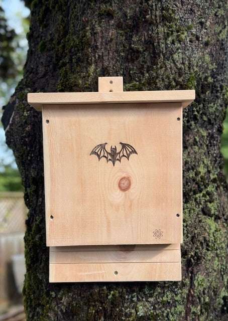 Handcrafted pine bat house with laser-engraved bat design mounted on a tree.