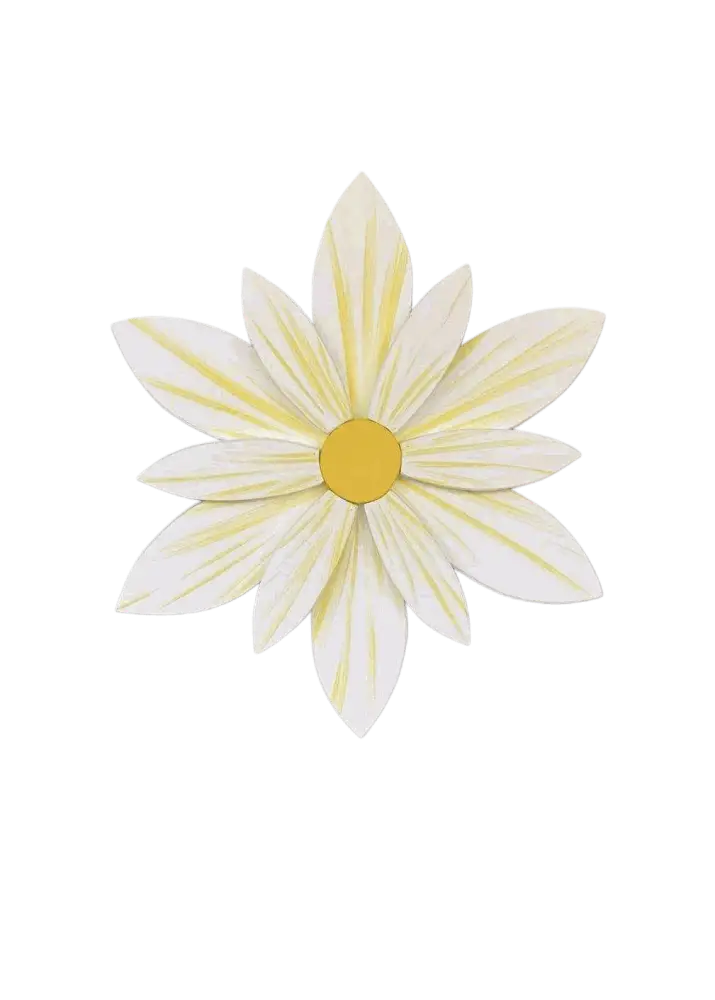 Handcrafted sunburst flower wood art with white and yellow petals.