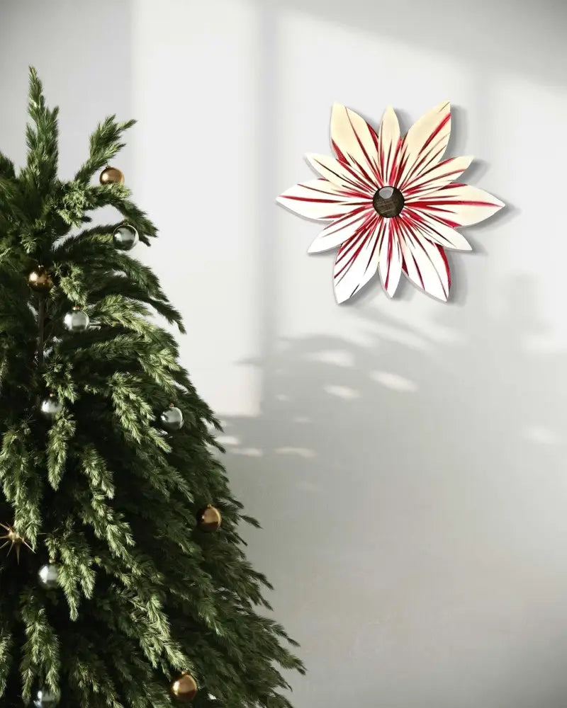 Candy Stripe Wood Flower Door Decoration in candy cane colors, hand-painted, suitable for indoor and outdoor use.