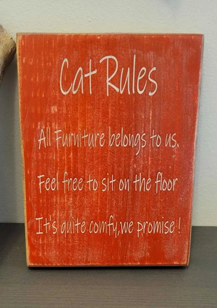 Cat-themed laser engraved wall art with humorous "Cat Rules" text, perfect for feline decor.