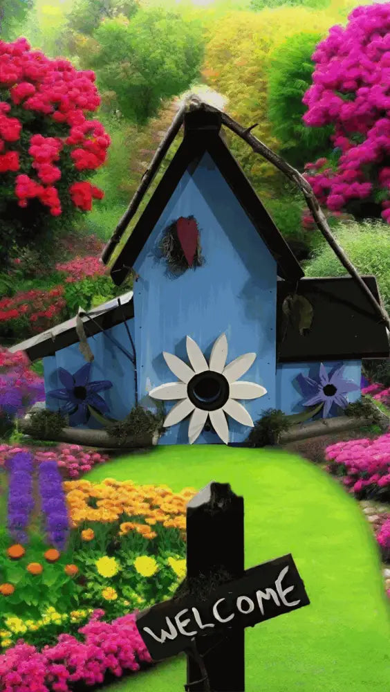 Colorful triple birdhouse in garden with welcome sign, ideal bird lover gift.