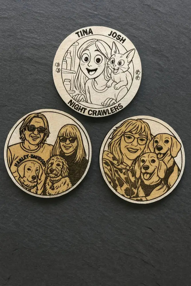 Custom circular wooden coasters with engraved personalized portraits of family and pets