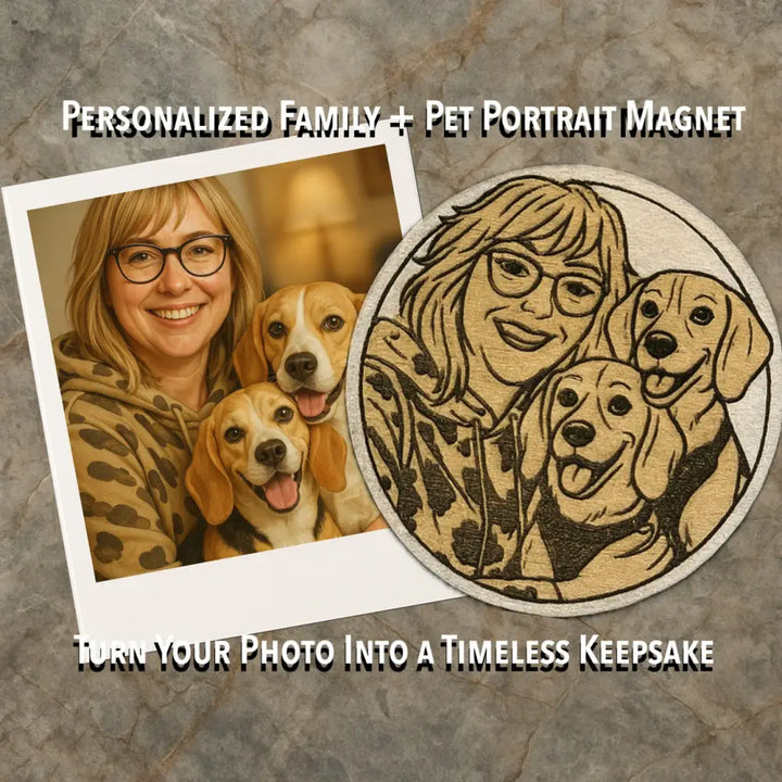 Circular embroidered magnet with stylized woman in glasses and two beagles