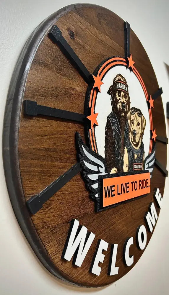 Custom wooden Harley-Davidson pet welcome sign with dogs and stars