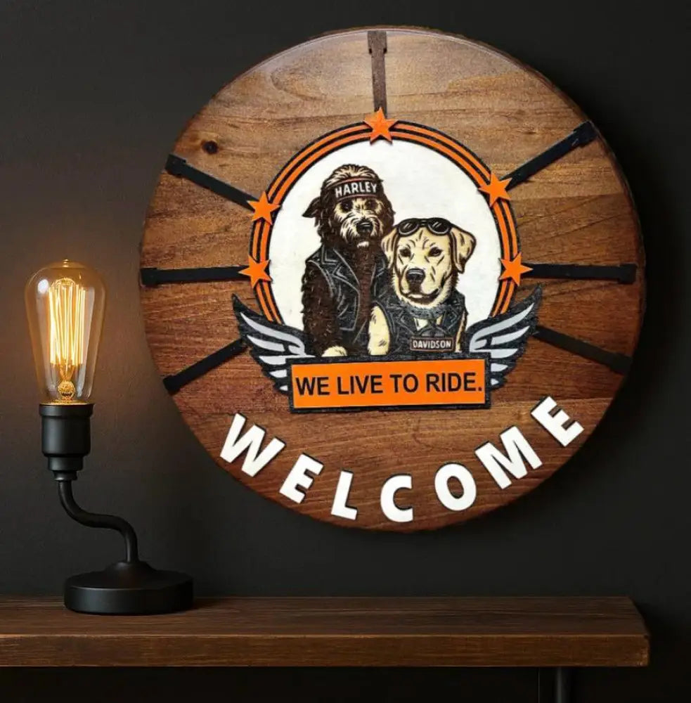 Custom winged biker dogs on rustic wooden plaque sign