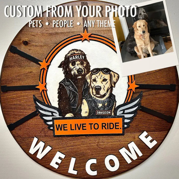 Custom wooden welcome sign with illustrated dogs in Harley Davidson biker attire and orange wings