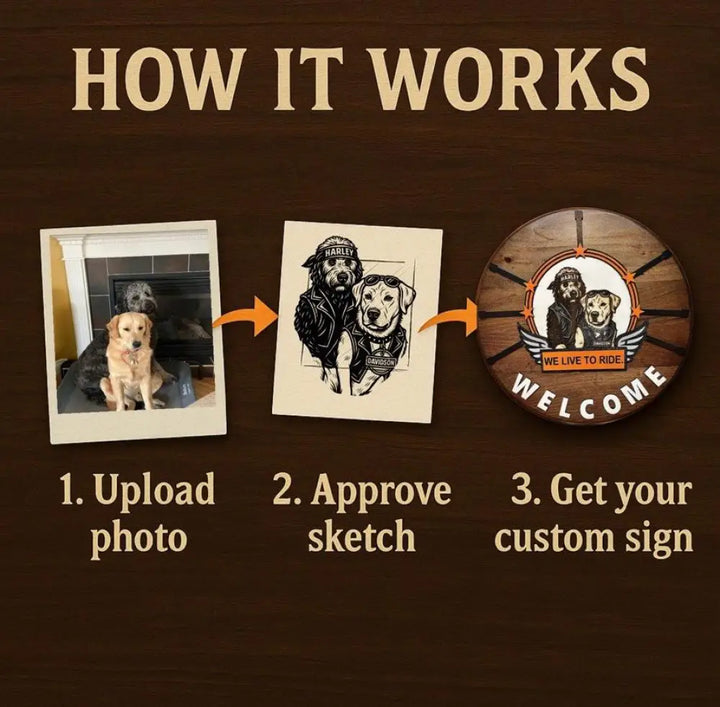 Rustic circular wooden welcome sign with dogs in biker gear and wings