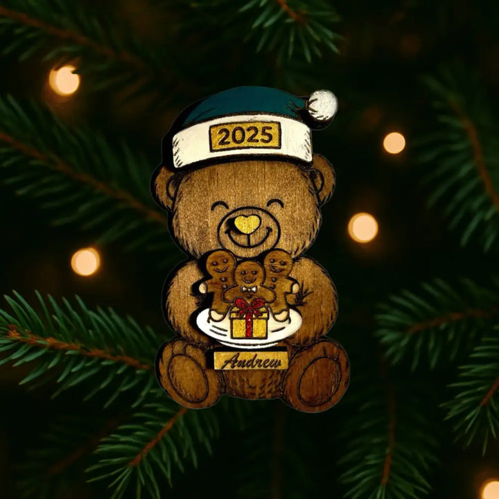 Personalized wooden bear Christmas ornament with Andrew, 2025