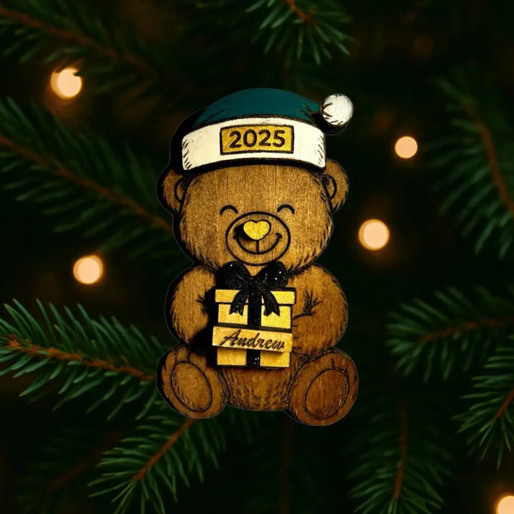 Custom Wooden Bear Ornament with Teal Santa Hat and Personalized Andrew Gift Box