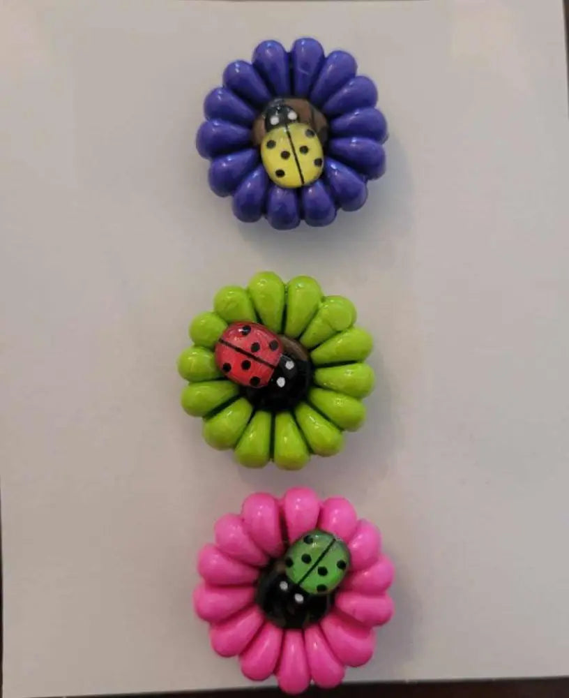 Daisy and ladybug polymer clay fridge magnet set with colorful petals and ladybugs.