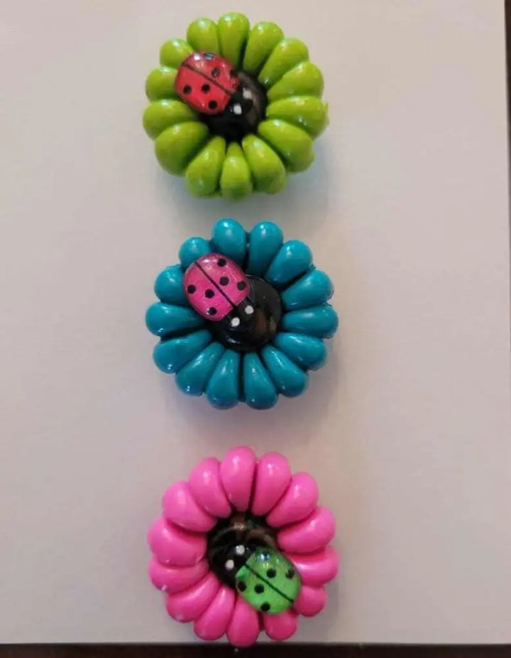 Daisy and ladybug fridge magnet set in polymer clay with colorful flowers.