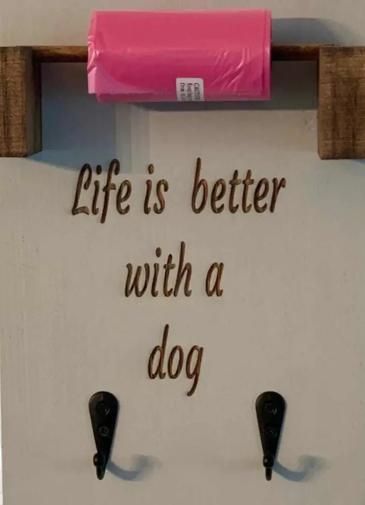 Dog poop bag holder and keychain organizer with "Life is Better with a Dog" quote, laser-engraved, wooden design.