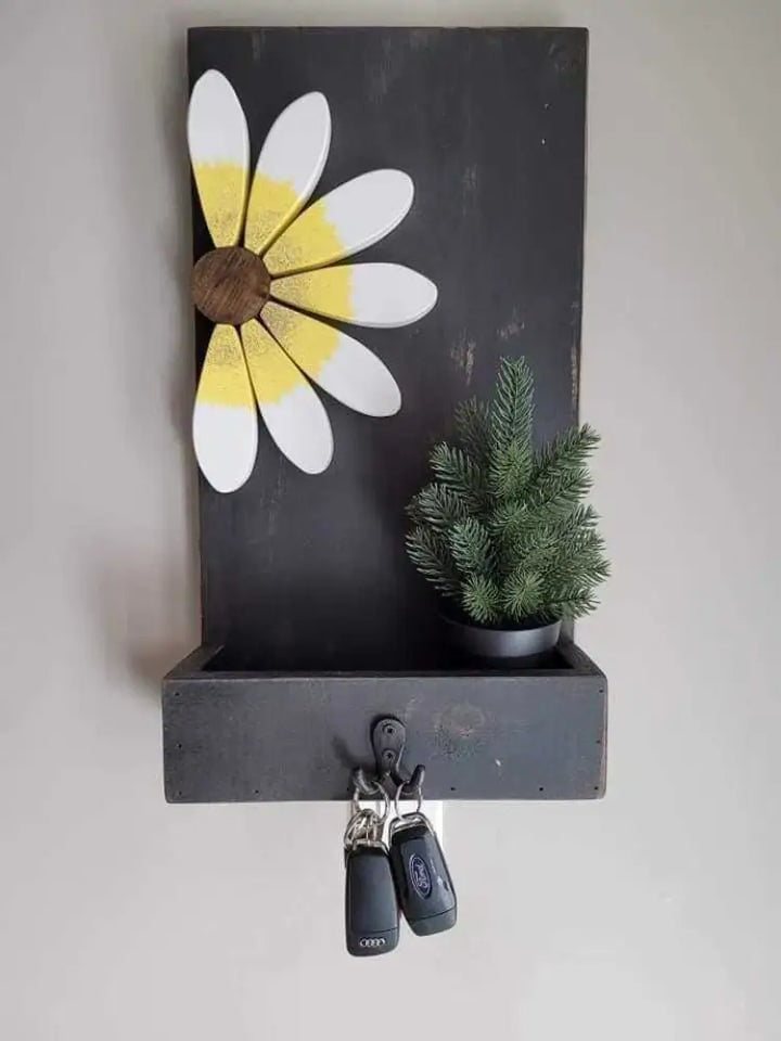 Entryway keychain holder with custom flower design, pine wood, double hook.