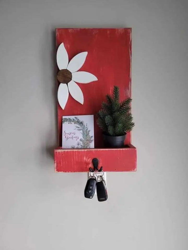 Entryway key chain holder with custom flower design, handcrafted from pine wood, featuring a double hook for organization.