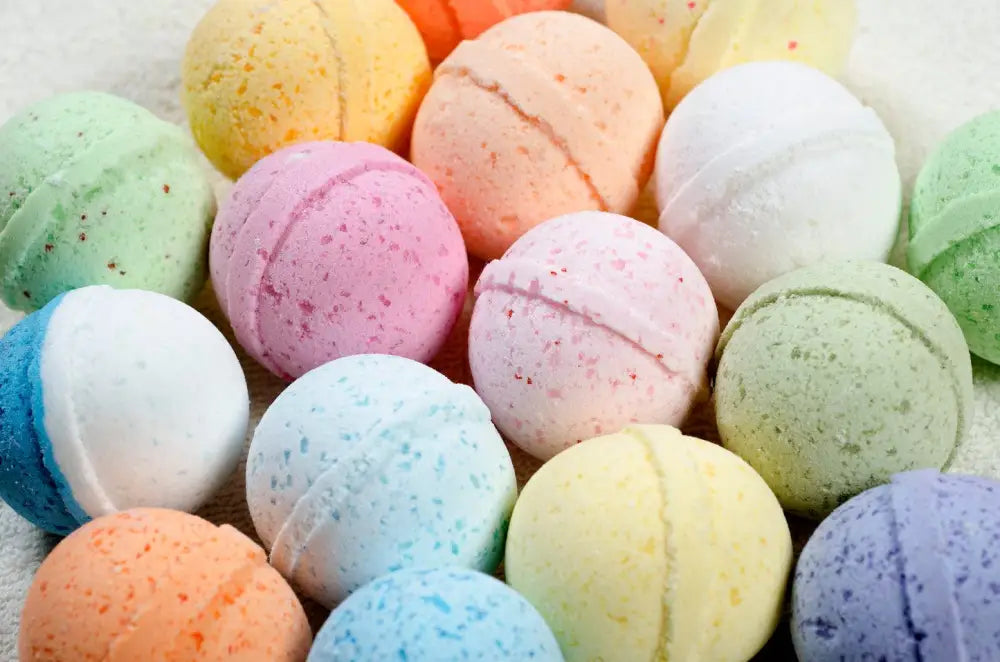 Assorted colorful Epsom salt bath bombs arranged together for mess-free relaxing baths