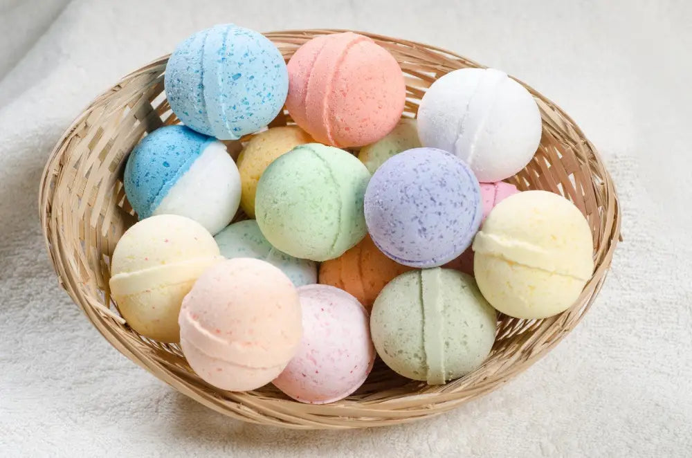 Colorful Epsom salt bath bombs in a woven basket for mess-free, relaxing spa baths