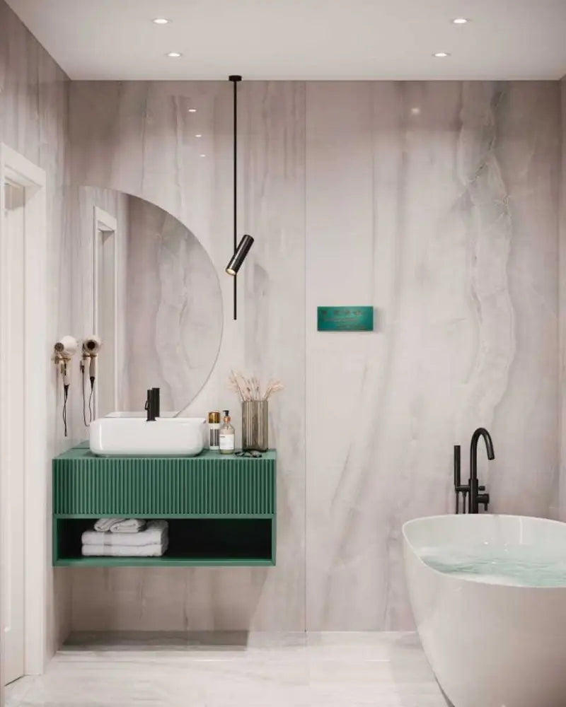 Rustic "Would Poop Here Again" bathroom sign in modern bathroom setting.