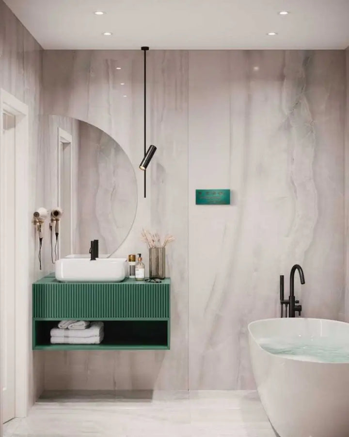 Rustic "Would Poop Here Again" bathroom sign in modern bathroom setting.