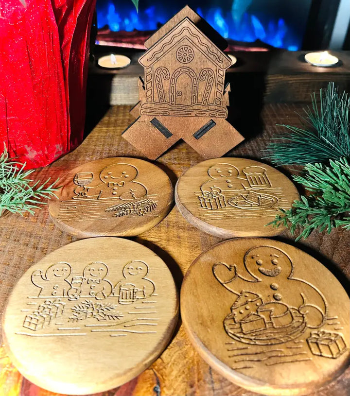 Gingerbread Wooden Coaster Set with Engraved Holder
