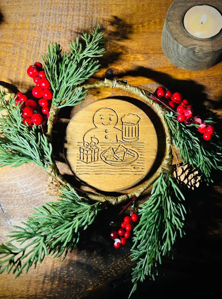Gingerbread Wooden Coaster Set with Engraved Holder