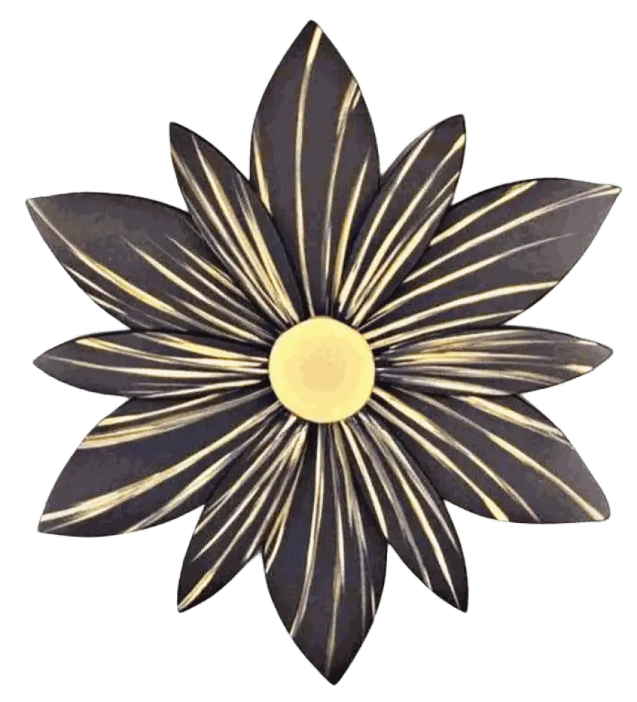 Handcrafted wooden flower door decoration with black and gold accents.