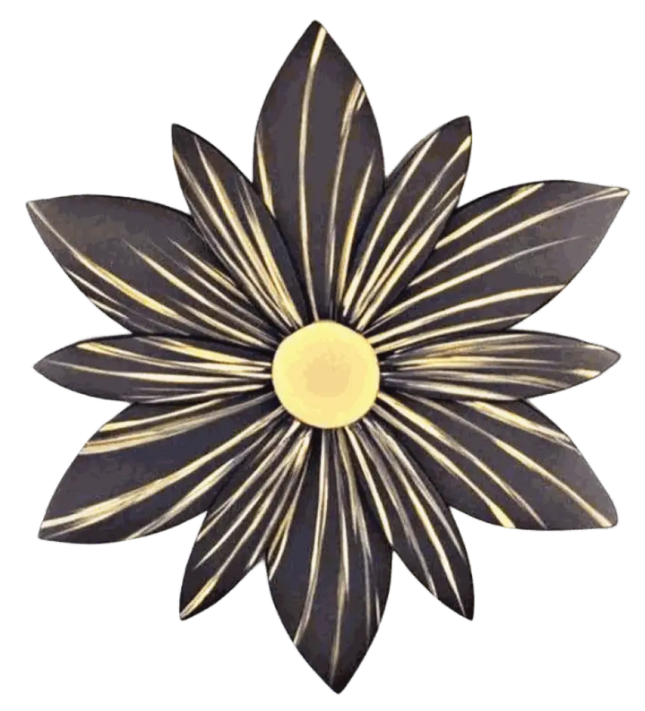 Handcrafted wooden flower door decoration with black and gold accents.