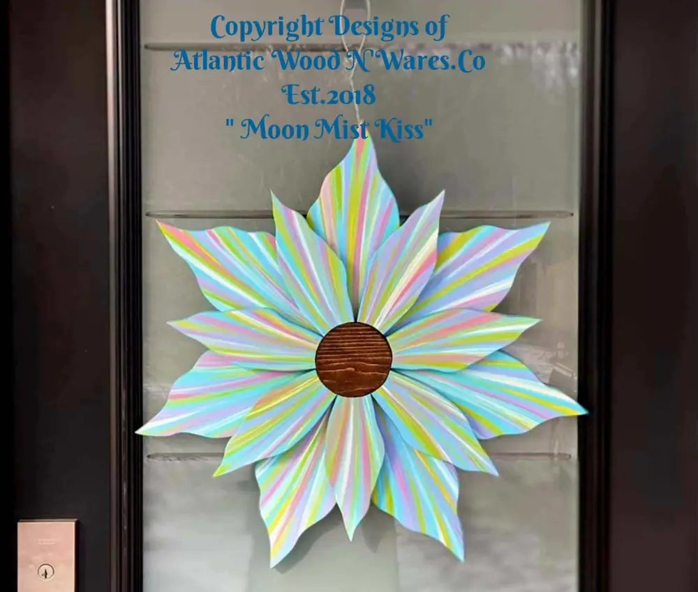 Handcrafted wooden flower door decoration with colorful petals and gold center, suitable for all seasons.