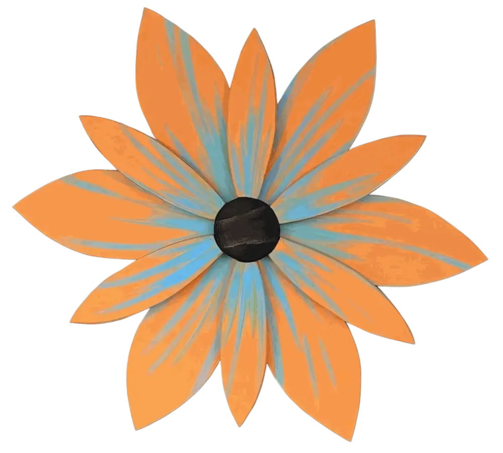 Handcrafted Nova Scotia wood flower art in bright orange and blue petals with a black center, suitable for indoor and outdoor decoration.