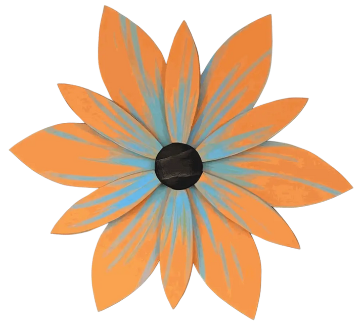 Handcrafted Nova Scotia wood flower art in bright orange and blue petals with a black center, suitable for indoor and outdoor decoration.