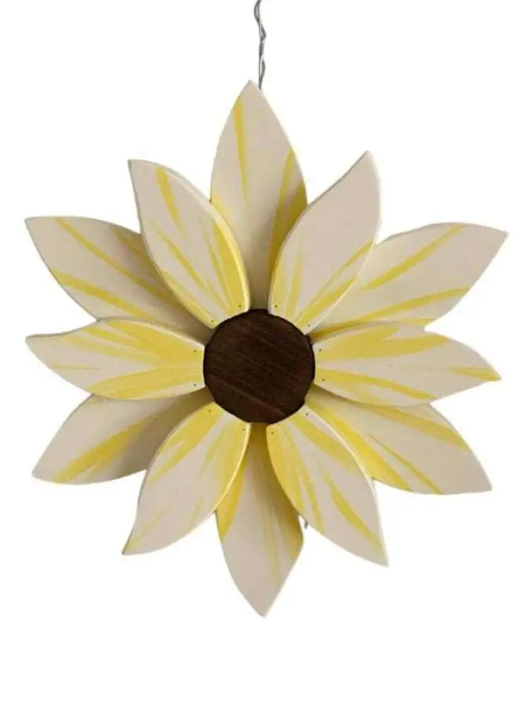 Elegant wooden flower art piece with hand-painted yellow petals and rich wooden center, ideal for enhancing home decor.