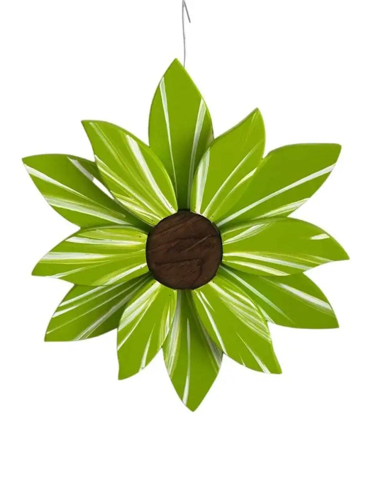 Elegant wooden flower art piece in vibrant green with painted petals and a rich stained center, perfect for home decoration.
